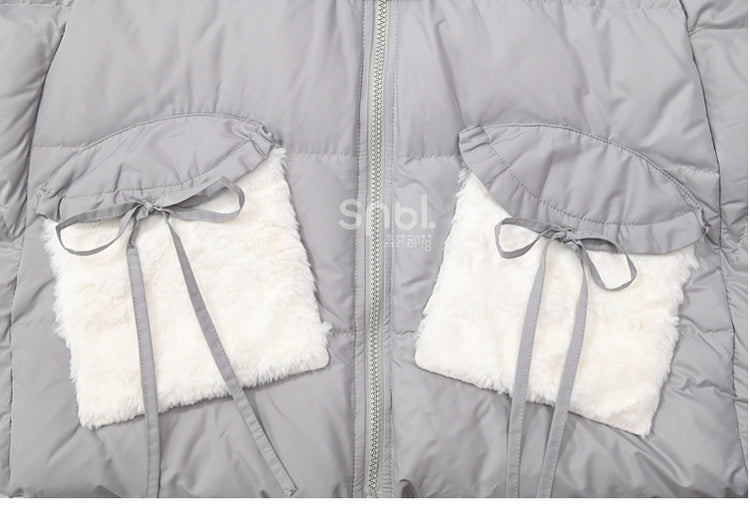 Cute Raccoon Plush Hood Grey Hooded Down Jacket