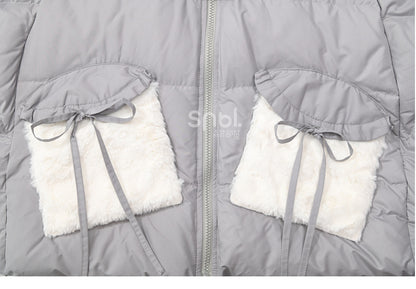 Cute Raccoon Plush Hood Grey Hooded Down Jacket