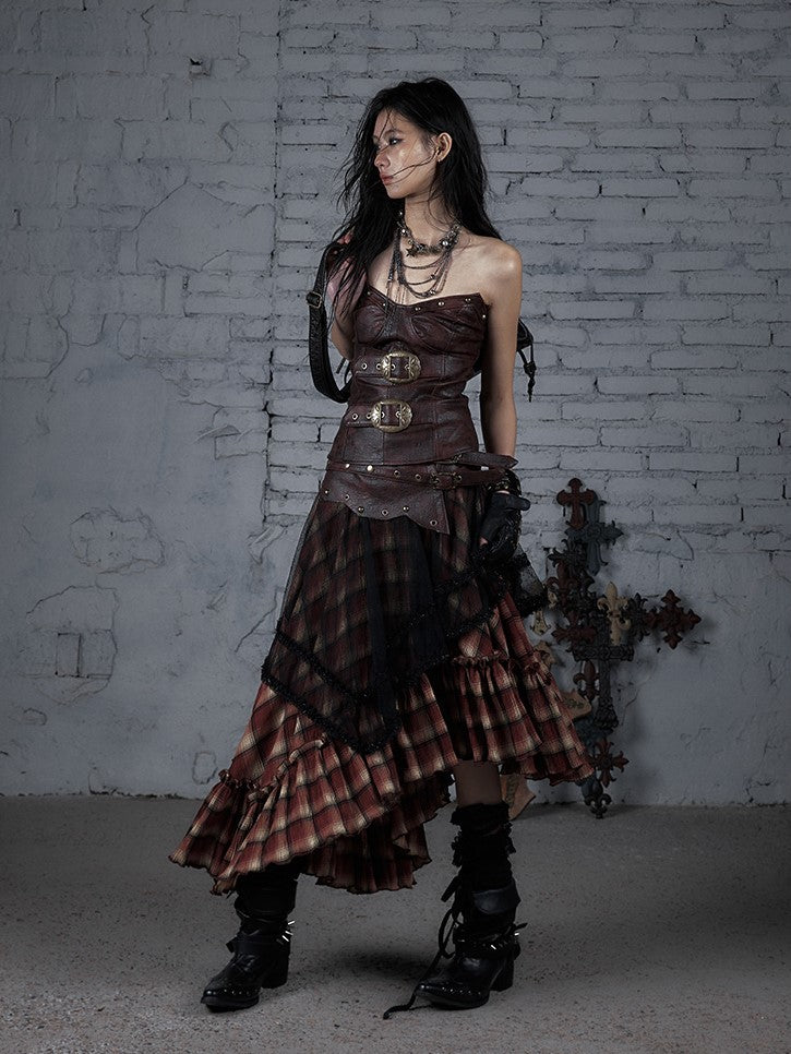 Reddish Brown PU with Heart-Shaped Buckle Design Bustier Top