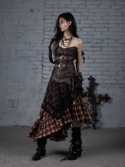 Reddish Brown PU with Heart-Shaped Buckle Design Bustier Top