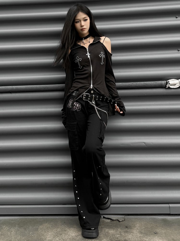 Punk Black Letter Patch Cargo Pockets Low Waist Fishtail Pants mit Gürtel