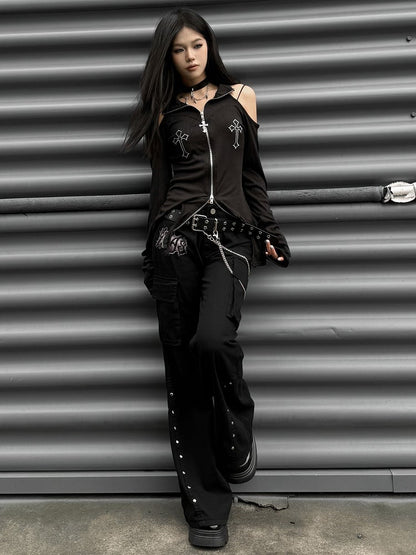 Punk Black Letter Patch Cargo Pockets Low Waist Fishtail Pants mit Gürtel