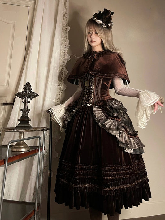 Gothic Dress Brown Pearl Shell Ruffled with Overlay Lolita Print