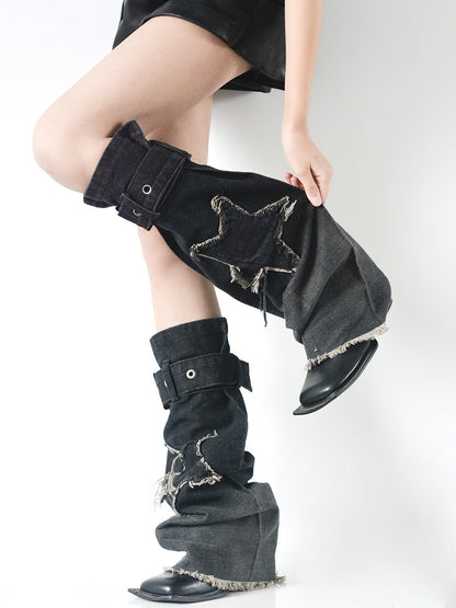 Distressed Buckle Straps Black Applique Leg with Y2K Star Warmers Denim