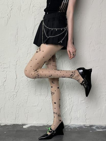 Print Strumpfhose Polka-Dot Piano Star Nude Y2K Muster Note