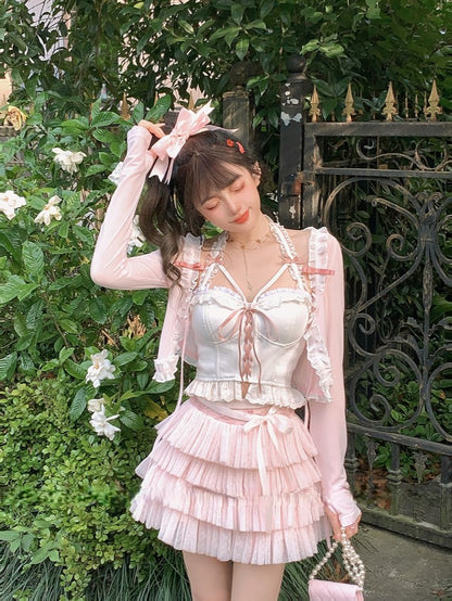 Gepunkteter Puff-Tupfen-Stufenrock mit Satinschleife in Rosa