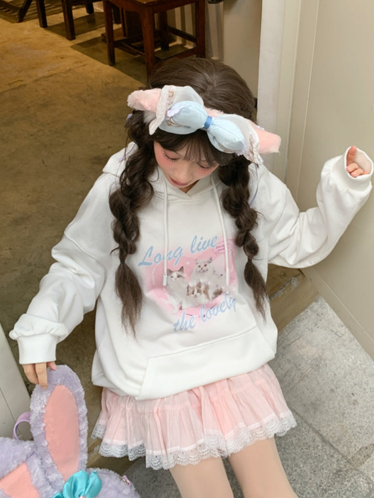 White Cat Print Loose Hoodie