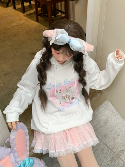 White Cat Print Loose Hoodie