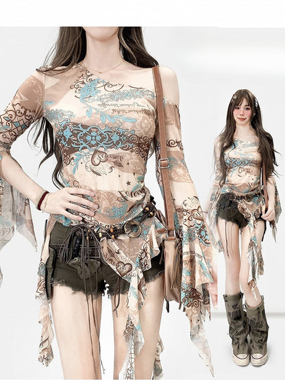 Design Neckline Print Cascading Accents Asymmetrical Long Ruffle Top Khaki Sleeves