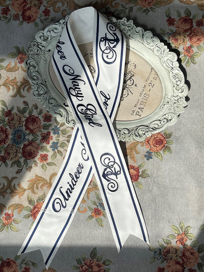 Ribbon White Dark Blue / Embroidered