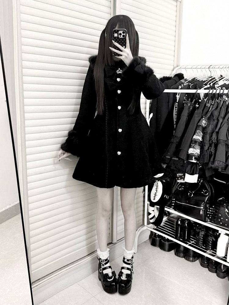 Cuffs Collar with Long Bow-Detailed Coat Kei Jirai Black Waist-Cinching Furry