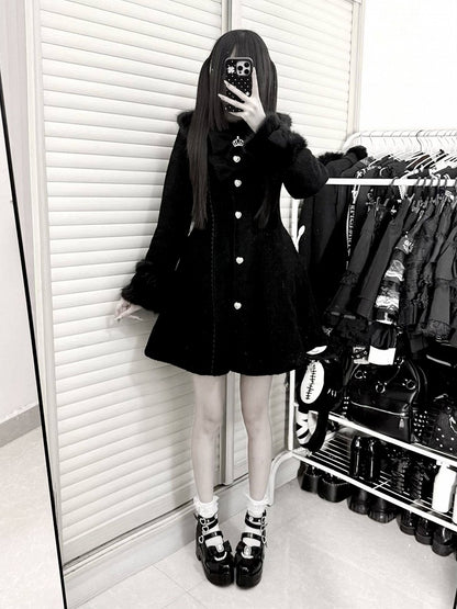 Cuffs Collar with Long Bow-Detailed Coat Kei Jirai Black Waist-Cinching Furry