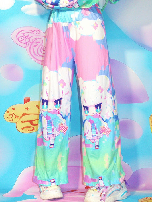 Y2K Gerade geschnittene Hose mit buntem Print und Cartoon-Muster