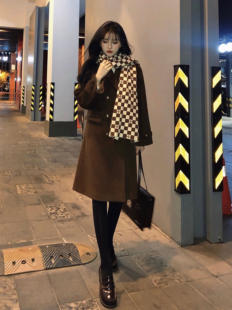 Brown Notched Collar Double-Breasted Woolen Coat