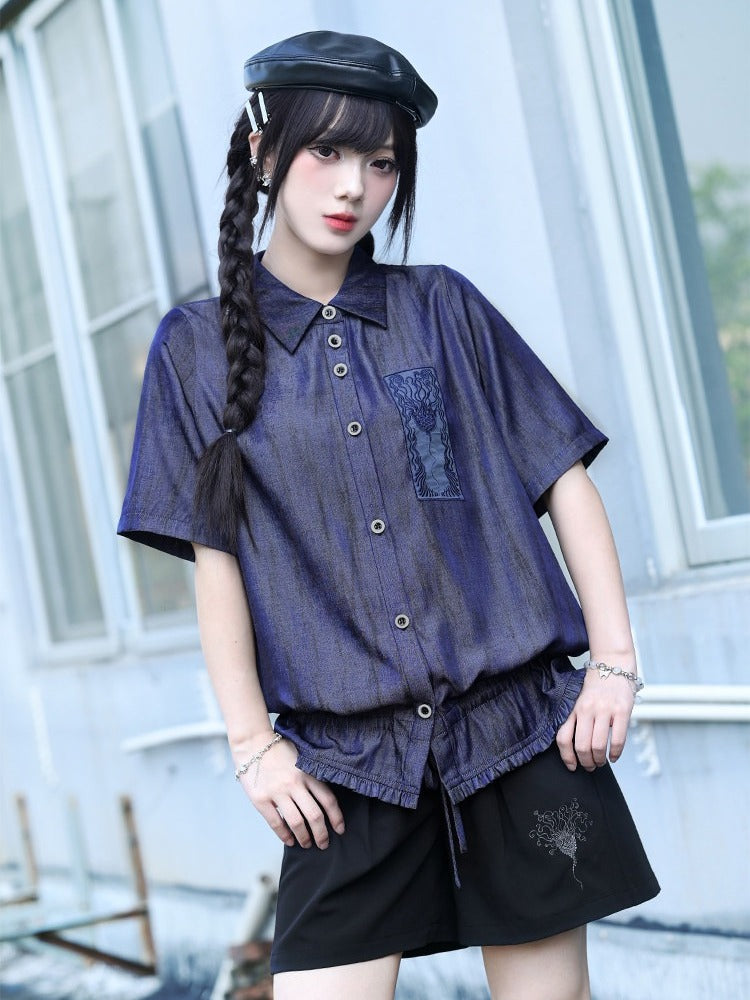 Black Wide Leg Shorts with Sea Lily Embroidery - Quirky Hut