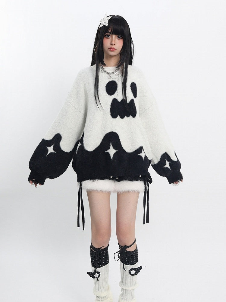 Oversized Ghost-Inspired Sweater in White & Black - Catwish