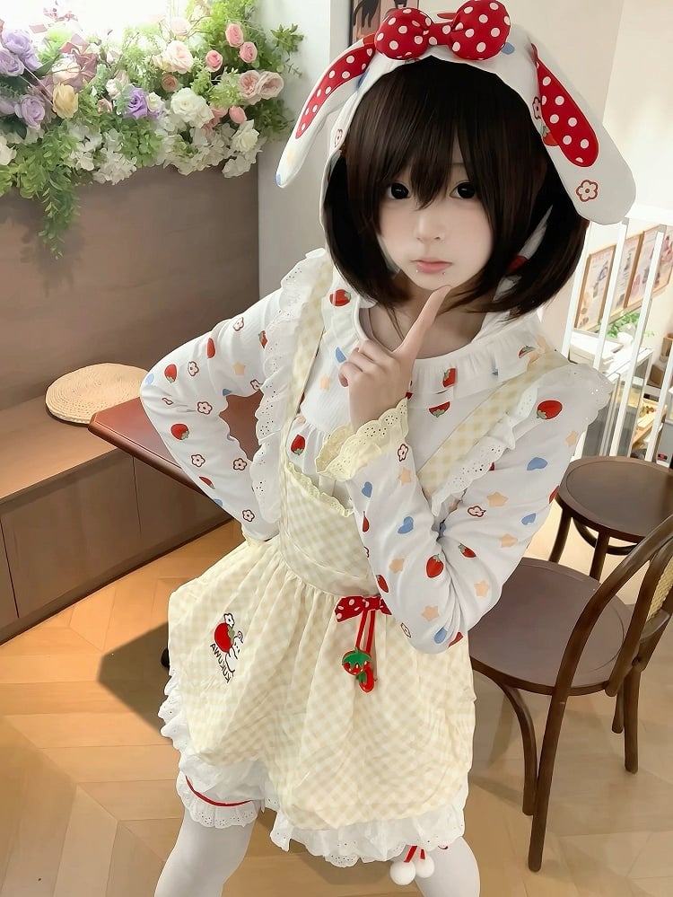 Otaku Kawaii - Long Lace-trimmed Hooded White Cuffs Sleeve Top