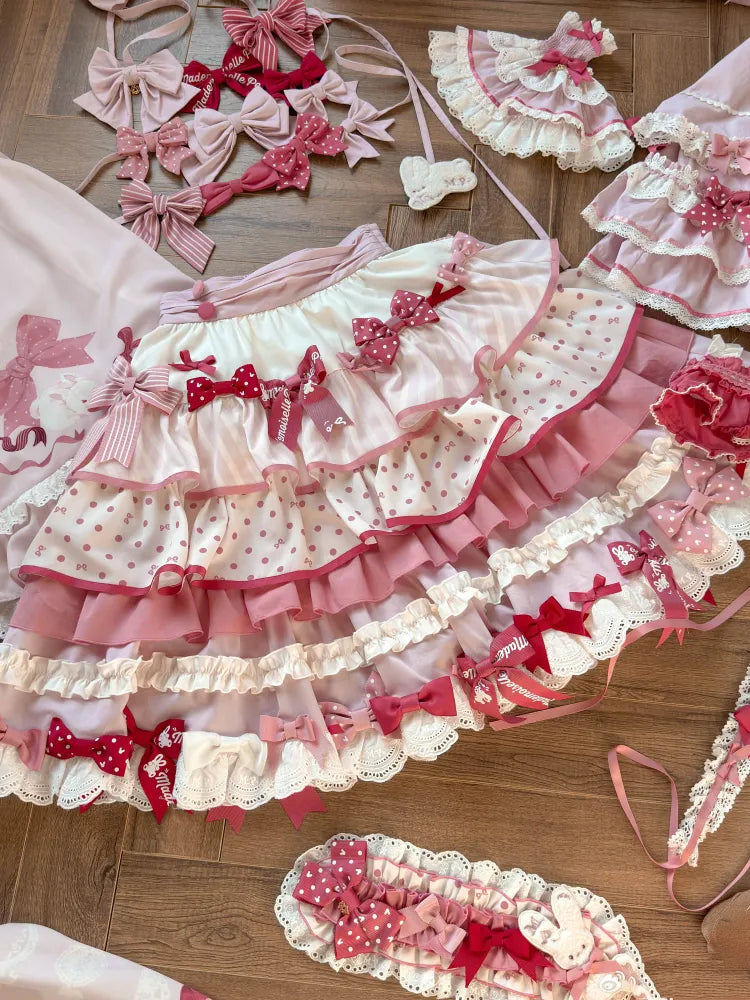 ロリータ スイート ピンク 水玉模様 ボウスカート フリル アクセント ティアード柄