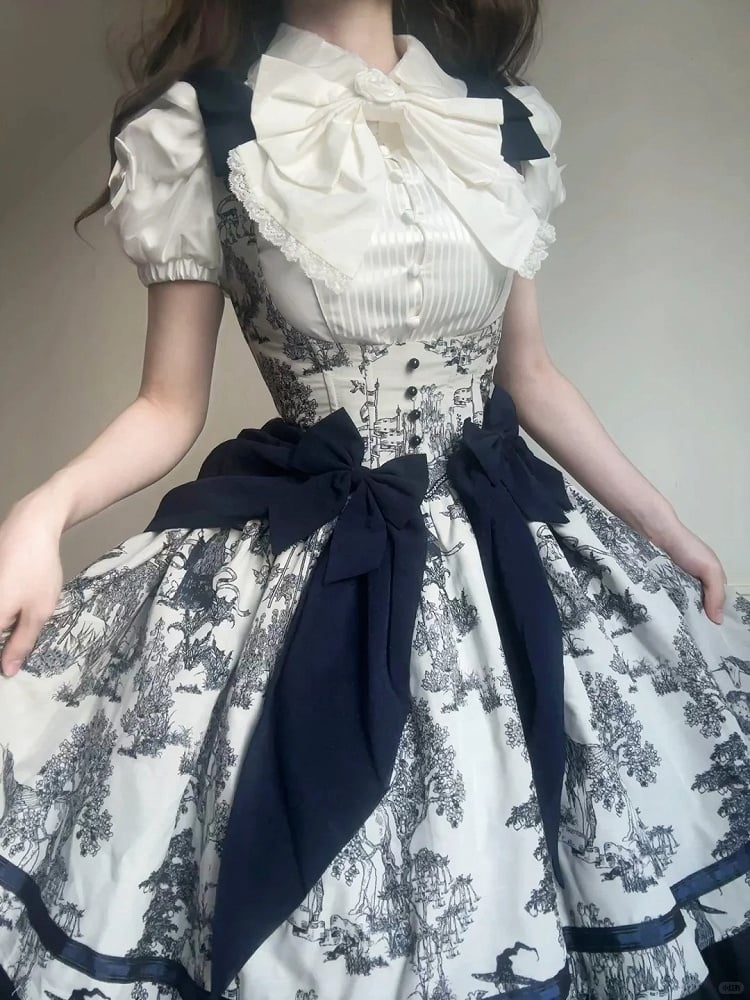 Bust Dark Bowknot Blue Straps Basque Skirt Waist Jumper Lolita Under Shoulder