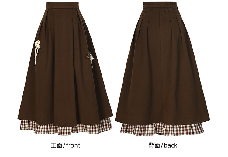 ブラウンの蝶結びディテール、足首丈スカート、チェック柄、フリル裾