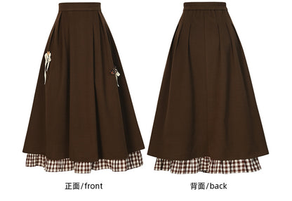 ブラウンの蝶結びディテール、足首丈スカート、チェック柄、フリル裾
