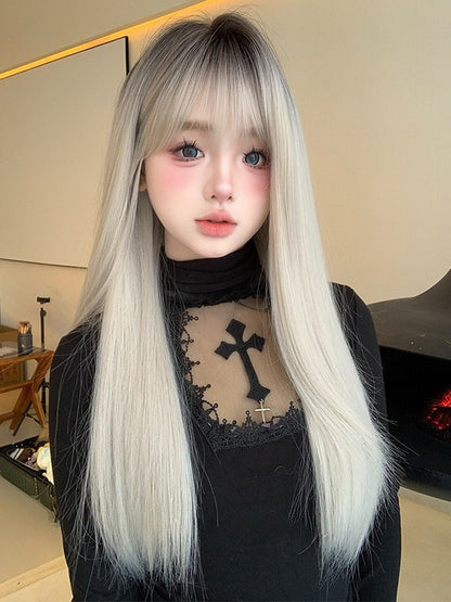 Glatte Ombre-Perücke, Länge 66 cm, schwarz-weißer Pony