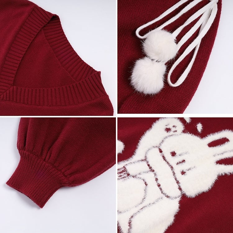 Black Cute Bunny V-neck Loose Sweater Lace-up Detail at Sleeves