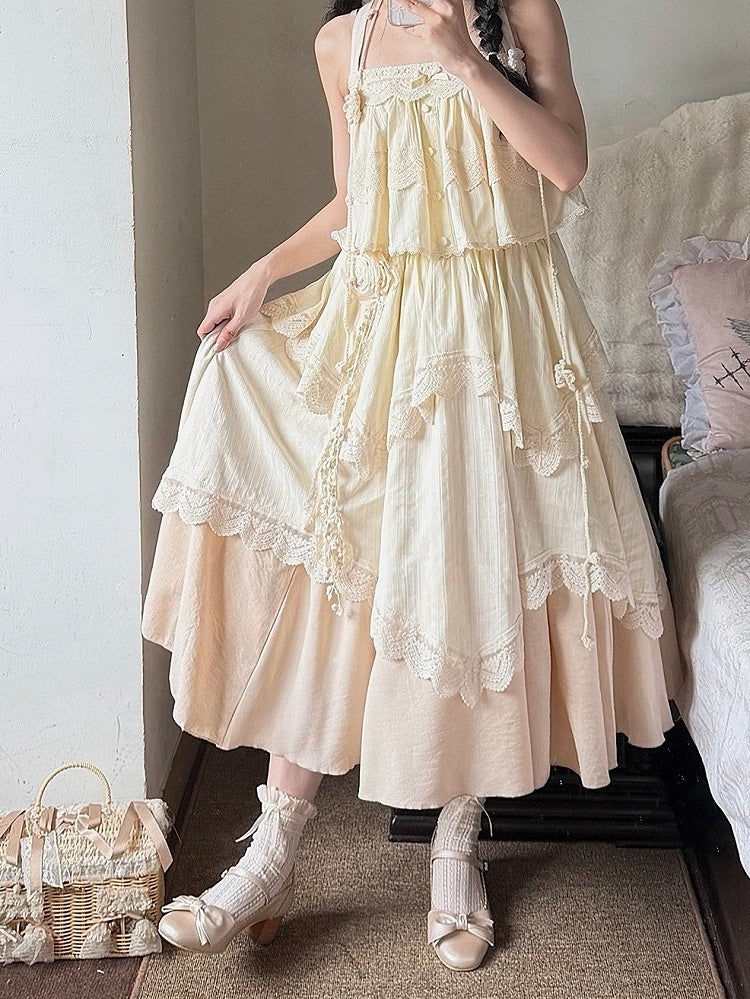 Beige Adjustable Strap Sleeveless Lace Top - With PUJI