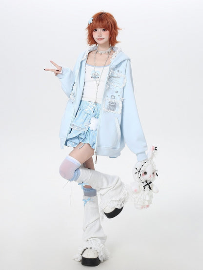 Blue Lace Trim Hoodie with Print - CRAZY GIRL