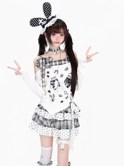 Ivory Asymmetric Tartan Cutout Top with Celestial Kitten Print - CRAZY GIRL