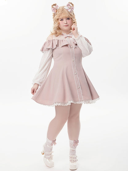 Rosa Illusionsausschnitt, ausgeschnittene Schulter, Jirai Kei-Kleid mit langen Ärmeln und Fliege