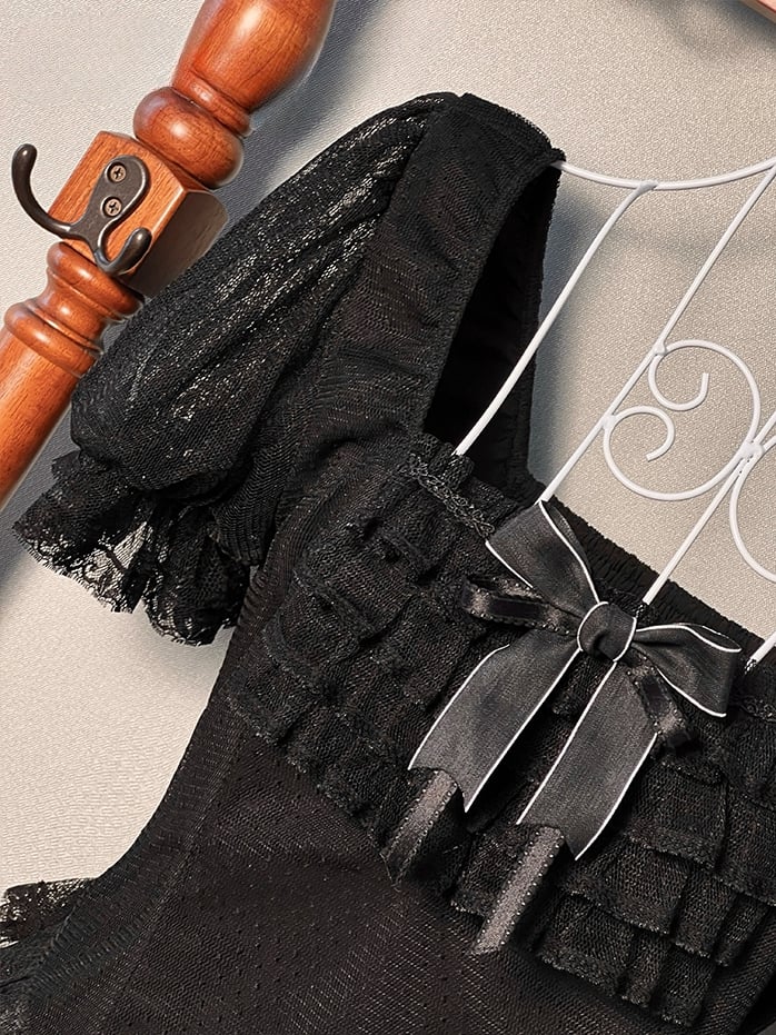 Black Square Neckline Short Sleeves Blouse