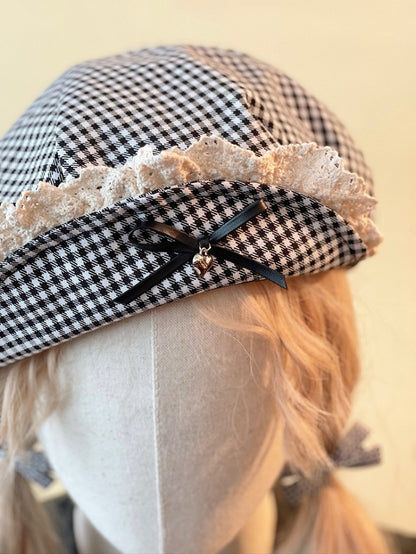 Brim Black and Flipped Gingham Beret White with