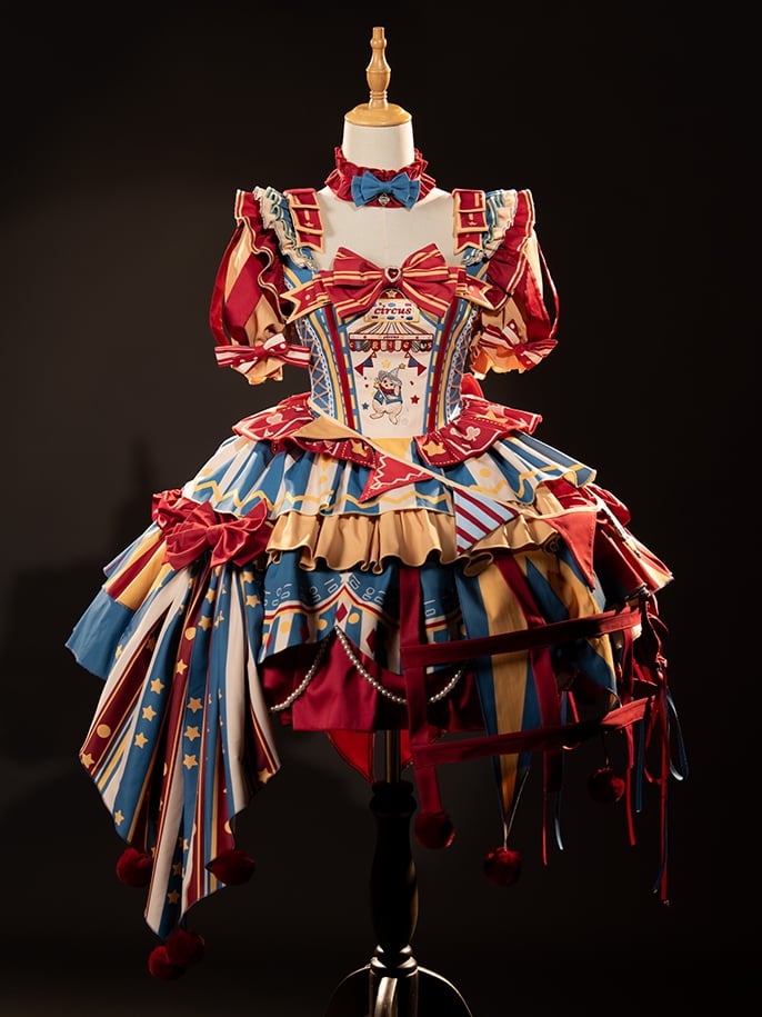 with Skirt Blue Jumper Sweet Dress Bunny Circus Embroidery and Sleeves Detachable Lolita Puff Red
