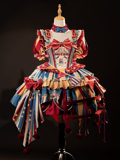 with Skirt Blue Jumper Sweet Dress Bunny Circus Embroidery and Sleeves Detachable Lolita Puff Red