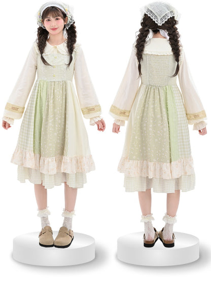 Light Sleeves	Tiered Mori Kei Green Plaid Flutter Skirt Sleeveless Dress