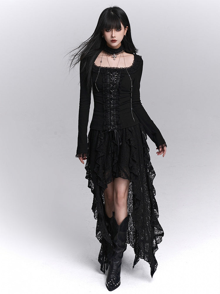 Hem High-Low Skirt Black Gothic Halloween Cascading Asymmetrical with Ruffle