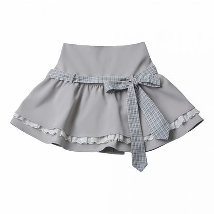 Light Gray Double Layer Skirt with Lace Trim & Plaid Belt - PINK SAVIOR