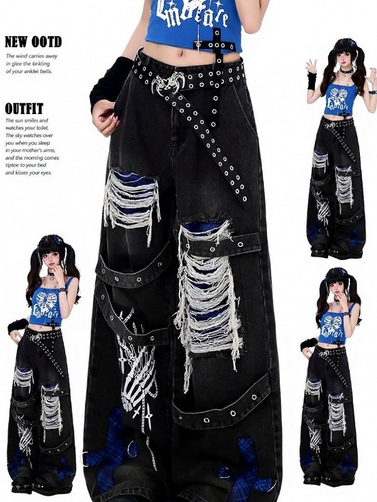 Dark Streetwear Blue and Black Ripped Flared Jeans with Skeleton Motif - CRAZY GIRL