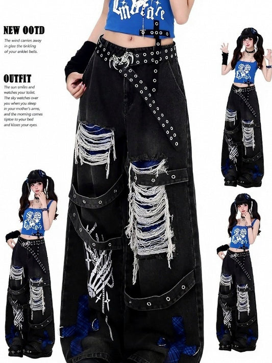 Dark Streetwear Blue and Black Ripped Flared Jeans with Skeleton Motif - CRAZY GIRL