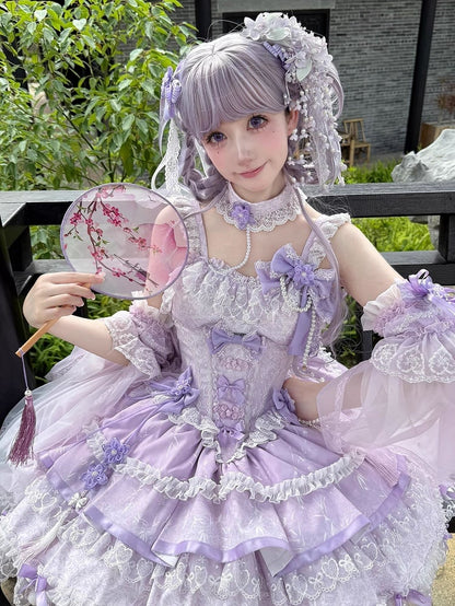 und Ketten Kleid Blume Lolita Taille Qi Korsett Schleife Perle Lila Akzente