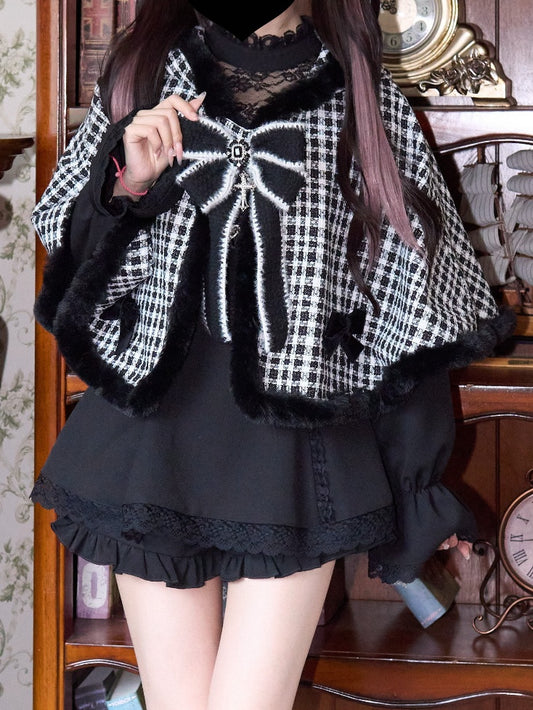 Plüsch Schwarz Weiß Karierter Umhang Kei Kitty Ohren Design Jirai Kapuze Schleife Kostenlose Brosche mit Borte