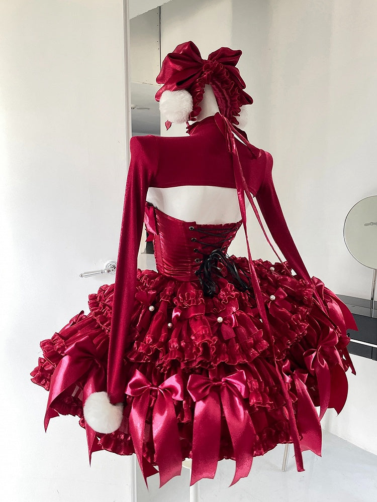 Rotes Weihnachtsoutfit, baskische Taille, Satinschleifen, trägerloses Puffkleid, kurzes Oberteil, komplettes Set