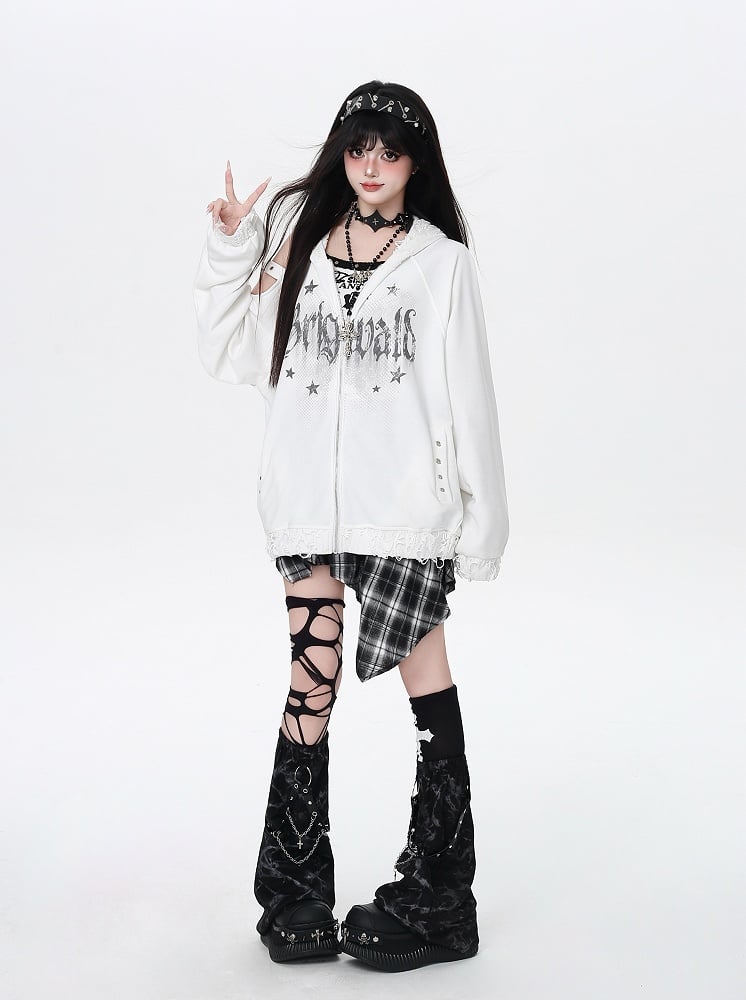 Kapuzenjacke mit Reißverschluss, Löchern im Used-Look und ausgeschnittener Schulterpartie, Weiß/Schwarz