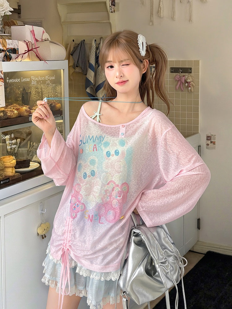 ブルー/ピンクのキュートなセミシースルーヘムの漫画プリントドローストリングトップス