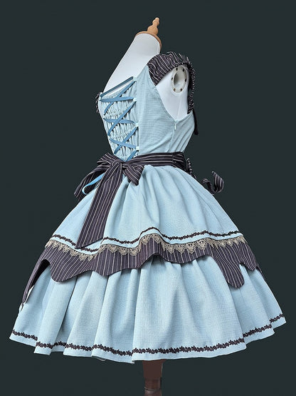 Bow Green Mint Chocolate Neckline Dress with Striped Details Lolita Square Sweet