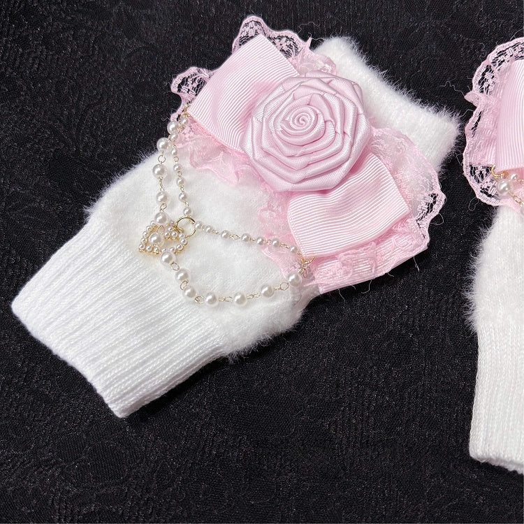 Pink Chains White Bow Rose and Accent Gloves with Pearl