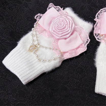 Pink Chains White Bow Rose and Accent Gloves with Pearl