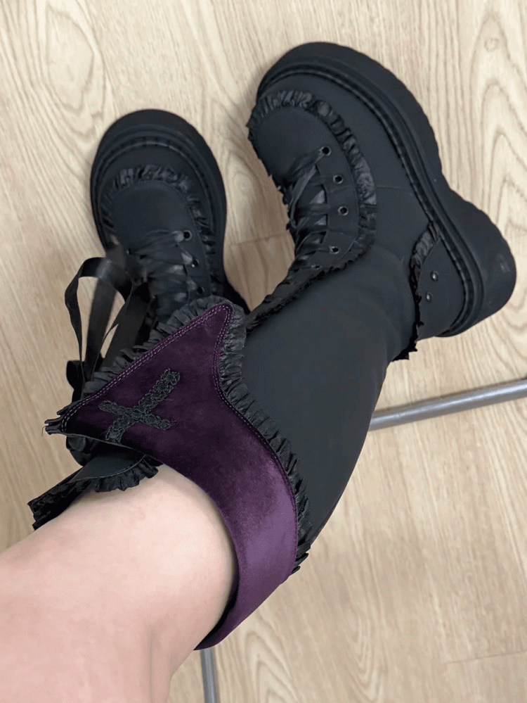 Purple Gothic Details with Platform Knee-high Ruffle Boots Version Cross in Design Black Regular