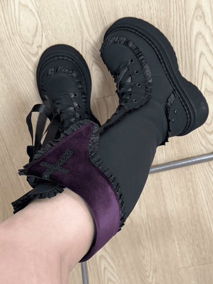 Purple Gothic Details with Platform Knee-high Ruffle Boots Version Cross in Design Black Regular